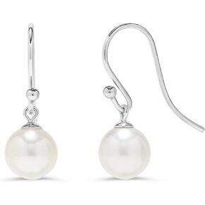BLUE OCEAN PEARLS. 925 Sterling Silver AAAA 7-7.5mm Round White Akoya Pearl Silver Wire Hook Dangling Drop Earrings, Pearl Drop Earrings Jewelry for Women