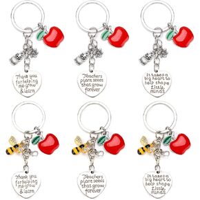 6pcs Teacher Appreciation Keychain Set, Heart Shaped Key chain with Cute Apple Bee Flower Owl Pendant Christmas & Valentines Day & Teachers Day Keyring Thank You Key ring Gifts for Women