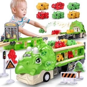 【Versatile Playset】Dinosaur Truck Toys for 2 3 4 5 6 7 Year Old Boy Toddler, Foldable Track & 2 Player Race Mode, Light&Sound Transport Carrier W/ 6 Dino Car&12 Road Sign, Birthday Gift Idea for Kids