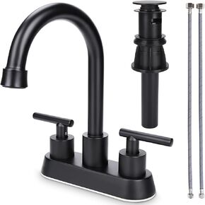 Bathroom Faucets for Sink 3 Hole, GXCROR 4 inch Brushed Gold Bathroom Sink Faucet, Stainless Steel Lead-Free 2-Handle Centerset Faucet for Bathroom Sink Vanity with Pop-up Drain and 2 Supply Hoses