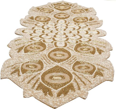 Beaded Table Runner 36inch,Glitz Table Runner,Decorative Table Runner,Farmhouse Decor Table Runner,Rustic Bridal Shower Beaded Table Runner,Beaded Christmas Table runner-13x36 Ivory Gold peacock in Saudi Arabia