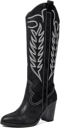 ANYANAMZ Women's Cowboy Knee High Boots, Western Boots Cowgirl Boots for Women, Pointed Toe Chunkey Heel Black Women's Boots. in Saudi Arabia