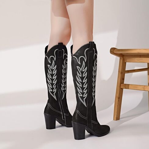 ANYANAMZ Women's Cowboy Knee High Boots, Western Boots Cowgirl Boots for Women, Pointed Toe Chunkey Heel Black Women's Boots. in Saudi Arabia