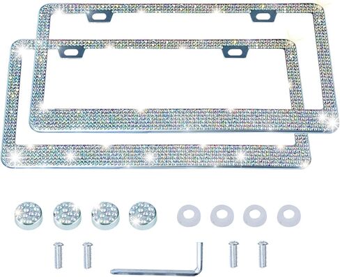 LivTee إطار لوحة ترخيص فاخر من حجر الراين ملحقات السيارة اللامعة للنساء، غطاء من الفولاذ المقاوم للصدأ لامع مضحك 1000+ حامل لوحات تراخيص ألماس كريستال لطيف مع مجموعة براغي غطاء (أبيض) in Kuwait