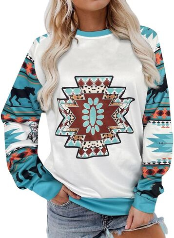قميص Nhicdns الغربي للنساء بأكمام طويلة، سويت شيرت راعية البقر الأزتيك، برقبة دائرية in Kuwait