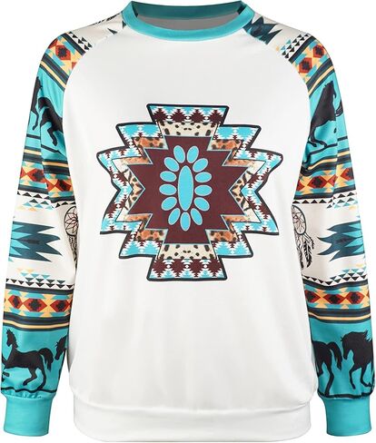 قميص Nhicdns الغربي للنساء بأكمام طويلة، سويت شيرت راعية البقر الأزتيك، برقبة دائرية in Kuwait
