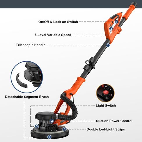 950W 8-Amp Drywall Sander with Vacuum Attachment, Lijadora para Drywall, 7 Variable Speed with Vacuum Dust Collector, Lightweight Dustless with 360° Light for Ceilng Floor Plastered Popcorn in Saudi Arabia