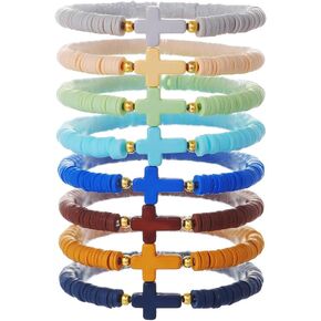 8PCS Colorful Cross Heishi Surfer Bracelets Rainbow Cross Polymer Clay Bracelets Stackable Vinyl Disc Religious Christian Bracelet Catholic Jesus Stretchy Bracelets for Women Men