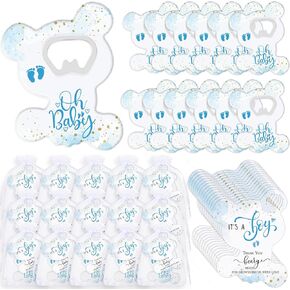 Domensi 25 Sets Baby Shower Bear Party Favors 25 Bear Bottle Opener Baby Boy Girl Fridge Magnet 25 Thank You Card and Organza Bag Gender Reveal Party Favors for Baby Shower Souvenirs (Boy)