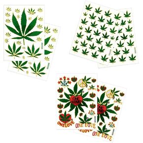 6 Sheets Cannabis Marijuana Leaf Decorative Scrapbook Reflective Stickers - Size 4 X 5.25 Inch./Sheet