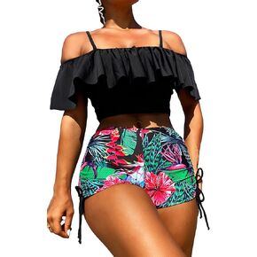 SOLY HUX Tankini Swimsuits for Women Cold Shoulder Ruffle Tops and Floral Print Shorts Bathing Suits Two Piece Swimsuit