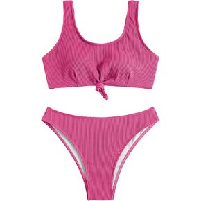 ZAFUL Women's Scoop Neck High Waisted Bikini Tummy Control Sporty Tank Two Piece Bathing Suits Set