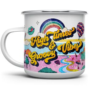 Psychedelic Sixties Hippie Mushroom Camping Coffee Mug, Bohemian Wanderlust Campfire Cup, High Times and Groovy Vibes (16oz)