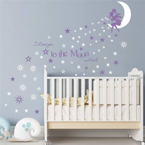 Fairy Wall Decal "I Love You to The Moon and Back" Fairy Wall Sticker White moon and stars and purple elf fairy text and stars for Girl, Kids Bedroom Wall Decals, Nursery Decor JWH165 (purple
