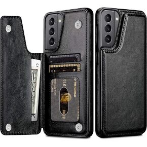 حافظة HianDier متوافقة مع هاتف Samsung Galaxy S21 Plus Wallet Case 5G 6.7 بوصة حافظة واقية نحيفة مع فتحة لبطاقة الائتمان وحامل فليب فوليو ناعم من جلد البولي يوريثان غطاء إغلاق مغناطيسي، أسود