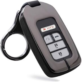 ontto Key Fob Cover Fit for Honda Accord Civic CR-V CRV Remote Key Case Holder Shell Metal Leather Key Protection with Keychain Black