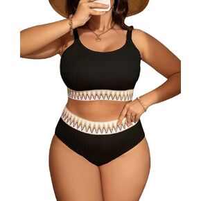 ZINPRETTY Plus Size High Waisted Bikini Set Womens Swimsuit Cheeky Two Piece Sports Color Block Bathing Suit Large Bust