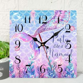 ArtSocket Unicorn Mermaid Rainbow Wooden Wall Clock Silent Non-Ticking, Colorful Gradient Pink Girl Square Rustic Wall Clocks Decor for Home Kitchen Living Room Office, Battery Operated(12 Inch)