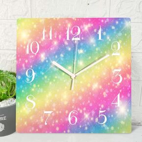 ArtSocket Unicorn Mermaid Rainbow Wooden Wall Clock Silent Non-Ticking, Colorful Gradient Pink Girl Square Rustic Wall Clocks Decor for Home Kitchen Living Room Office, Battery Operated(12 Inch)