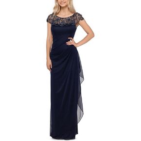Xscape Long Sheer Matte Jersey Side Rouch Dress with Chunky Bead