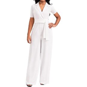 جمبسوت رسمي أبيض أنيق للنساء للعمل أنيق بأكمام قصيرة وطويل مستقيم مع سحاب حزام (X-Large) in Kuwait