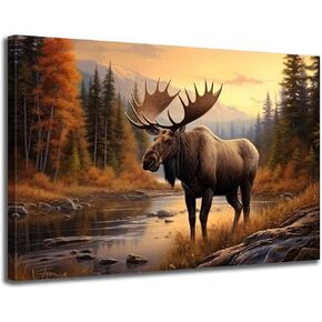 GLOKAKA Nature Moose Wall Art Landscape Moose in the River Wall Decor Print Painting Wilderness Animal Retro Poster for Office Home Bedroom Kitchen Bar Pub Farm House