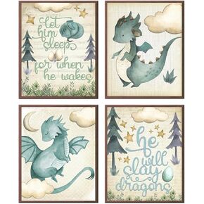Silly Goose Gifts Let Him Sleep - Dragon Themed Wall Art Prints (Set of 4) Hanging Picture Nursery Kids Room Decor 8x10in