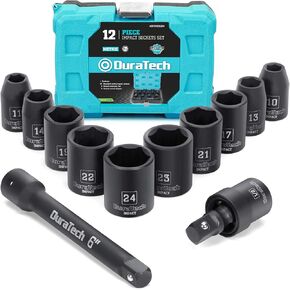 DURATECH 1/2 Inch Drive Impact Socket Set 12 Pieces, 10-24 mm 10 Pieces Metric Sockets with Impact Swivel Adapter and 6-Inch Impact Extension Bar