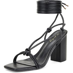 Elisabet Tang Women's Strappy Chunky Heels Sandals, 3 inch Low Block Heels Lace Up Ankle Wrap Heel Square Open Toe Tie Up Heeled Sandals Shoes