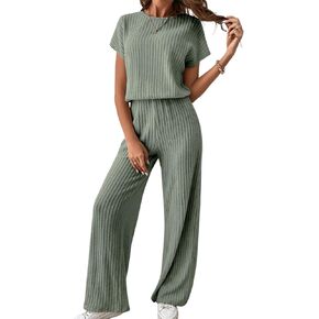 Happy Sailed Women's Casual Loose Solid Ribbed Crewneck Short Sleeve Long Romper Stretchy Wide Leg Jumpsuits