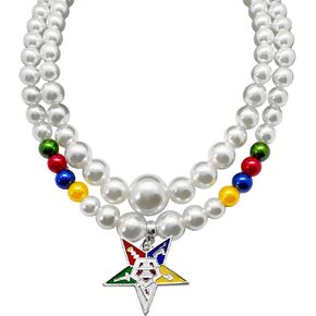 Fashion the order of the eastern star society OES Pentagram badge pendant multi-layer white imitation pearl necklace