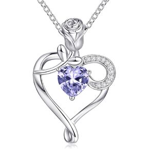 Heart Necklace Birthstone Necklaces for Women 925 Sterling Silver Jewelry Pendant Necklace Rose flower Mother Daughter Necklace for Mom Women Grandma Her Girlfriend