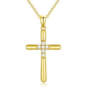 14K Solid Gold Cross Necklace, Natural Diamonds Cross Pendant Blessing Jewelry Gifts for Women 18inch