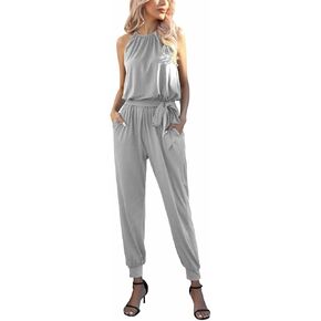 Byinns Women's Halter Neck One Piece Jumpsuit Sleeveless High Waist Belted Long Casual Summer Rompers