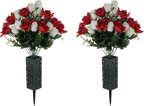 Grave Flowers for Cemetery Decorations: 2 Pcs Red White Artificial Rose Memorial Day Flower Arrangements Silk Funeral Floral Bouquet with Vase for Outdoors Gravessite Decor in Saudi Arabia