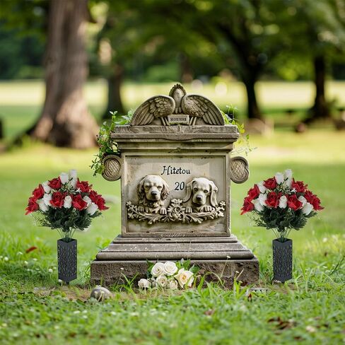 Grave Flowers for Cemetery Decorations: 2 Pcs Red White Artificial Rose Memorial Day Flower Arrangements Silk Funeral Floral Bouquet with Vase for Outdoors Gravessite Decor in Saudi Arabia