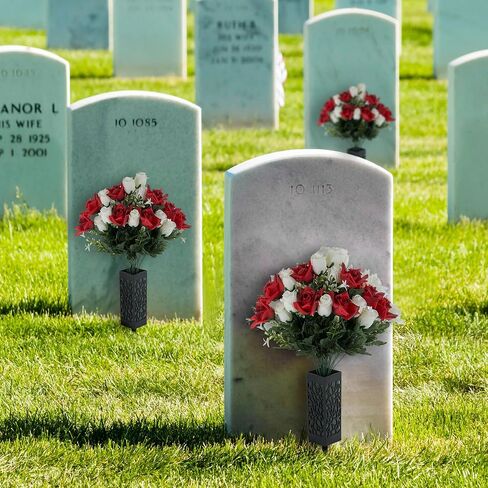 Grave Flowers for Cemetery Decorations: 2 Pcs Red White Artificial Rose Memorial Day Flower Arrangements Silk Funeral Floral Bouquet with Vase for Outdoors Gravessite Decor in Saudi Arabia