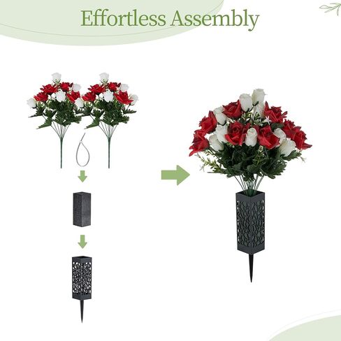 Grave Flowers for Cemetery Decorations: 2 Pcs Red White Artificial Rose Memorial Day Flower Arrangements Silk Funeral Floral Bouquet with Vase for Outdoors Gravessite Decor in Saudi Arabia