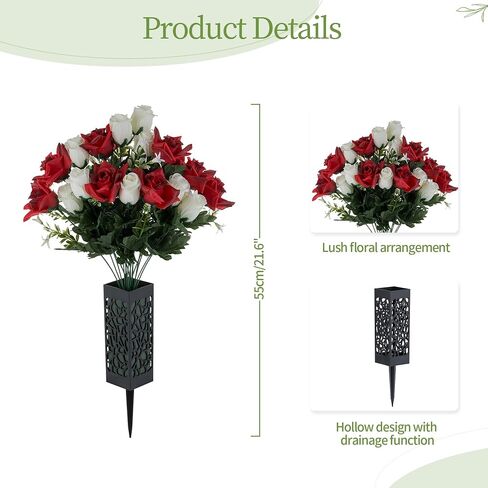 Grave Flowers for Cemetery Decorations: 2 Pcs Red White Artificial Rose Memorial Day Flower Arrangements Silk Funeral Floral Bouquet with Vase for Outdoors Gravessite Decor in Saudi Arabia