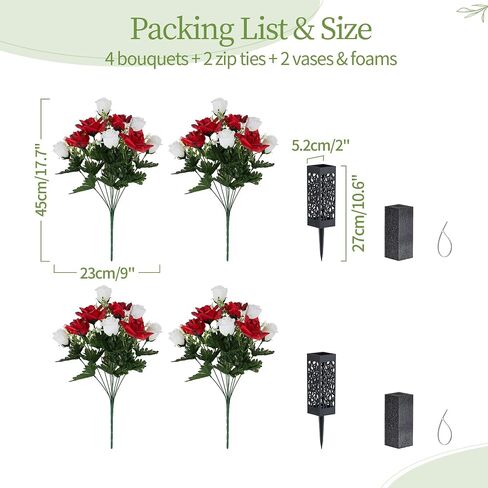 Grave Flowers for Cemetery Decorations: 2 Pcs Red White Artificial Rose Memorial Day Flower Arrangements Silk Funeral Floral Bouquet with Vase for Outdoors Gravessite Decor in Saudi Arabia