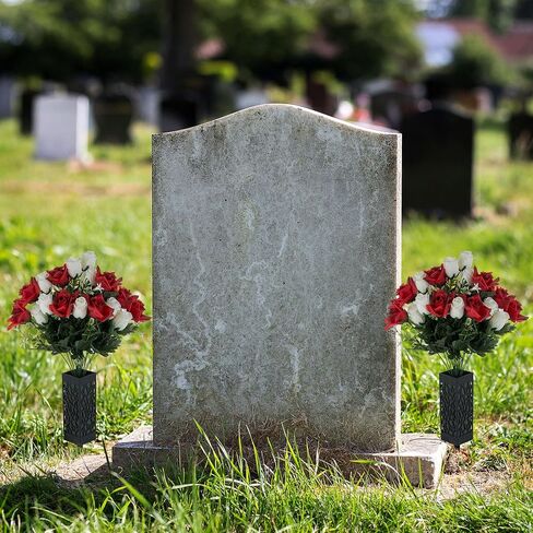 Grave Flowers for Cemetery Decorations: 2 Pcs Red White Artificial Rose Memorial Day Flower Arrangements Silk Funeral Floral Bouquet with Vase for Outdoors Gravessite Decor in Saudi Arabia