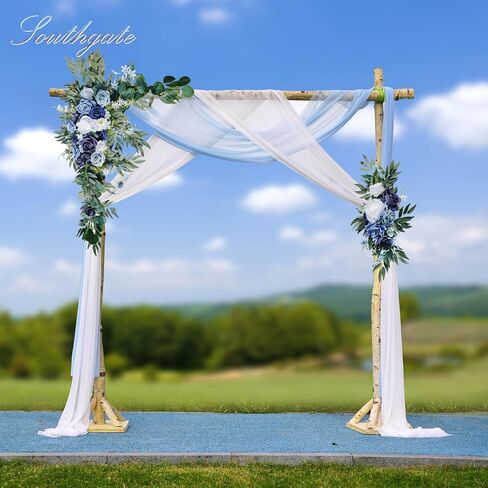 مجموعة زهور قوس الزفاف الاصطناعية من SOUTHGATE - زهور صناعية للديكور - قطعتان من زهور الزهور البيضاء الزرقاء - وقطعتان من مفارش المائدة المصنوعة من الشيفون شبه الشفاف لتزيين حفلات الزفاف والزهور in Kuwait