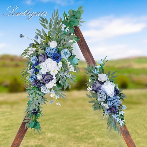 مجموعة زهور قوس الزفاف الاصطناعية من SOUTHGATE - زهور صناعية للديكور - قطعتان من زهور الزهور البيضاء الزرقاء - وقطعتان من مفارش المائدة المصنوعة من الشيفون شبه الشفاف لتزيين حفلات الزفاف والزهور in Kuwait