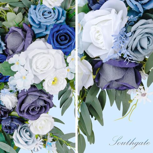 مجموعة زهور قوس الزفاف الاصطناعية من SOUTHGATE - زهور صناعية للديكور - قطعتان من زهور الزهور البيضاء الزرقاء - وقطعتان من مفارش المائدة المصنوعة من الشيفون شبه الشفاف لتزيين حفلات الزفاف والزهور in Kuwait