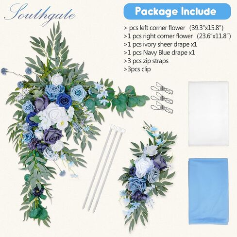 مجموعة زهور قوس الزفاف الاصطناعية من SOUTHGATE - زهور صناعية للديكور - قطعتان من زهور الزهور البيضاء الزرقاء - وقطعتان من مفارش المائدة المصنوعة من الشيفون شبه الشفاف لتزيين حفلات الزفاف والزهور in Kuwait