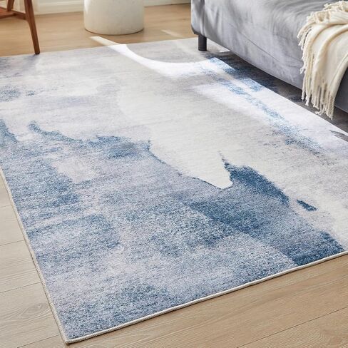 Modern Light Navy Blue Area Rug,Non Slip Colorful Big Large Carpets, Abstract Machine Washable 5x7 Rugs for Living Room and Bedroom, Soft Blue and White Rug for Dining Center in Saudi Arabia