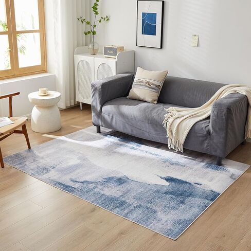 Modern Light Navy Blue Area Rug,Non Slip Colorful Big Large Carpets, Abstract Machine Washable 5x7 Rugs for Living Room and Bedroom, Soft Blue and White Rug for Dining Center in Saudi Arabia