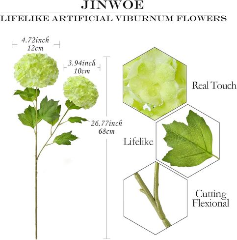Boho Flowers Light Pink & Green Faux Flowers for Decoration,4Pcs Real Touch Artificial Snowball Viburnum,Long Stem Latex Lifelike Floral for Spring Bouquet Home Wedding Table Centerpiece in Saudi Arabia
