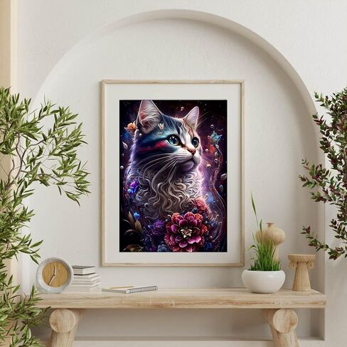 Flower Cat Diamond Painting Kits,5D Diamond Painting Kits for Adults,DIY Diamond Painting Diamond Art,Round Full Drill Diamond Art Kits gem art Crafts for Home Decor Gift-12x16in in Saudi Arabia