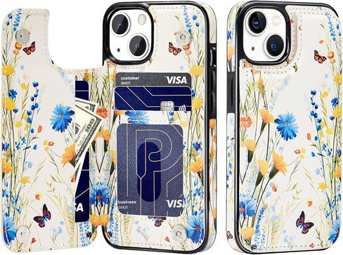 حافظة Korecase لهاتف iPhone 14/iPhone 13 مع حامل بطاقة، حافظة بنمط زهور زهرية قابلة للطي من جلد البولي يوريثان مع فتحات للبطاقات للنساء، مشبك مغناطيسي مزدوج غطاء مقاوم للصدمات أبيض in Saudi Arabia